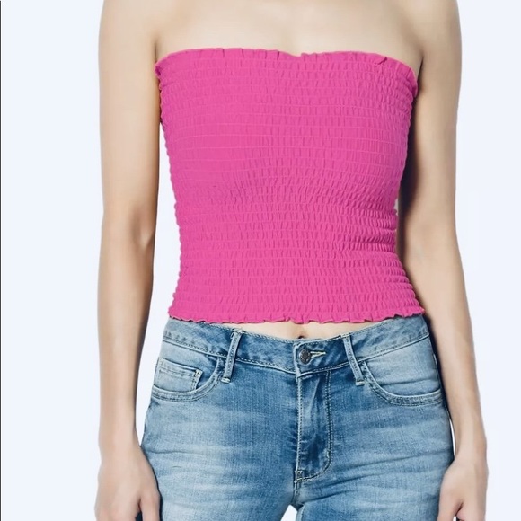 Smocked Tube Top Pink Crop Ruffled Edge Stretch N… - Picture 2 of 6